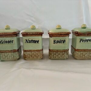 Vintage Japanese Green Ceramic Spice Canister Set - 4 Piece